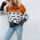 Women Knitted Sweater Autumn and Winter Leisure Leopard Print Contrast Color Long Sleeve Pullover