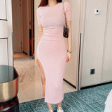 Women Dresses Pink Split Sexy Dress Short Sleeve round Neck Dress