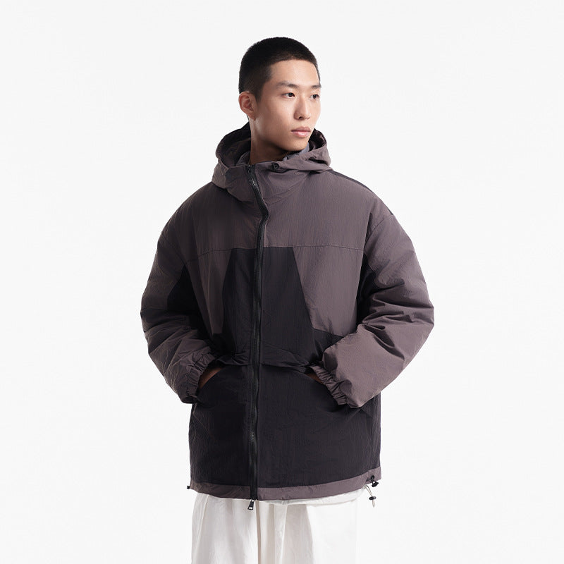 Unisex Winter Cotton Coat Color Contrast Patchwork Hooded down