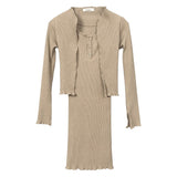Women Dresses Square Collar Vest Camisole Cardigan Jacket Long-Sleeved V-neck Dress