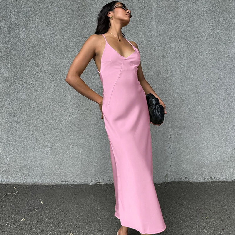 Corset Dress Pink Matte Satin Sexy Suspenders Backless Dress