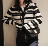 Women Knitted Cardigan Black and White Stripes Loose Knitted Cardigan