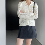 Women Cardigan Sweater Hollow out Sweater Cardigan Polo Collar Top Coat X3009