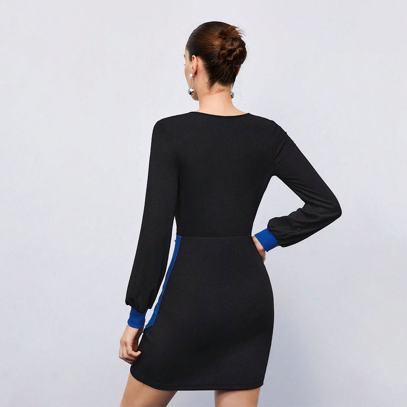 Women Dress V-neck Party Lantern Sleeve Slim-Fit Hip-Wrapped Short Dress