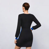 Women Dress V-neck Party Lantern Sleeve Slim-Fit Hip-Wrapped Short Dress