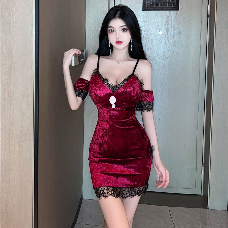 Women Maxi Dress Autumn Winter Sexy off-Shoulder Lace Hip Spaghetti Straps Dress