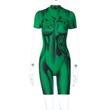 Women Jumpsuit Summer Printed Slim round Neck Zipper Short-Sleeved Jumpsuit