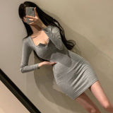 Women Dresses Square Collar Button Long Sleeve Dress Open Collar Low-Necked Sexy Hip Skirt