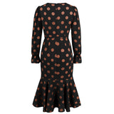 Women Date Dress Autumn and Winter Dress Sexy V-neck Polka Dot Printing Long-Sleeved Fishtail Dress
