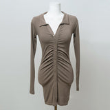 Women Dresses Polo Collar Slim Fit Hip Skirt Long Sleeve Single Breasted Dress
