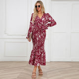 Women Date Dress Long Dress Leopard Print V-neck Belt Printed Fishtail Skirt