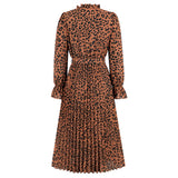 Women Date Dress Leopard Print Stud for Autumn and Winter Stand Collar Long Sleeve Dress Pleated Dress
