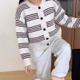 Women Knitted Cardigan Striped Knitted Cardigan Coat Autumn and Winter Loose round Neck Sweater