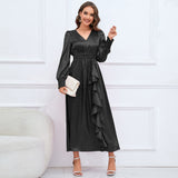 Women Date Dress Autumn and Winter V-neck Bubble Long Sleeve Dress