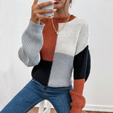 Women Knitted Sweater Fall Long Sleeve Color Matching Turtleneck Sweater Loose