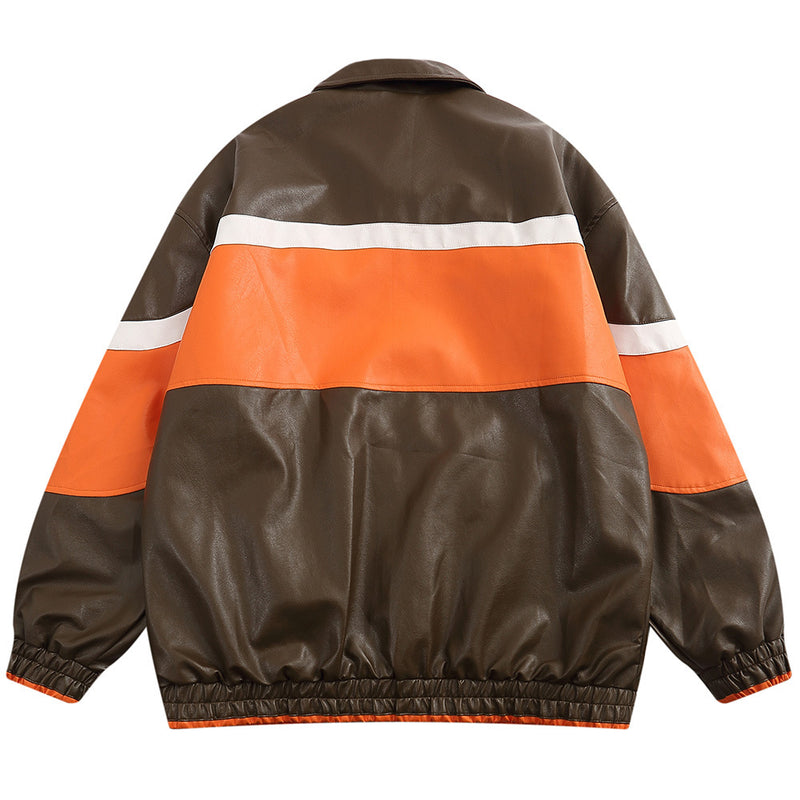 Men Jacket Coat Embroidery Motorcycle Clothing Men Autumn and Winter Loose Color Contrast Patchwork Polo Collar Jacket