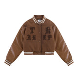 Women Jacket Baseball Uniform Winter Towel Embroidery Pu Leather Sleeves Stitching Jacket