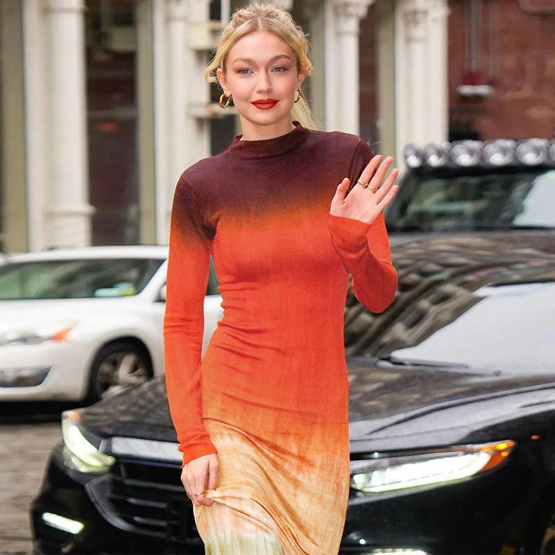 Women Dresses Autumn Printing Slim Fit round Neck Long Sleeves Dress