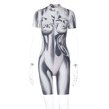 Women Jumpsuit Summer Printed Slim round Neck Zipper Short-Sleeved Jumpsuit
