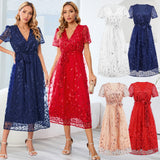 Women Date Dress Slim Fit Embroidered Leaves Sequin Gauze Dress Skirt