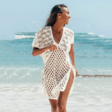 Women Knit Beach Cover Knitted Hollow out V-neck Pullover Short Sleeve Smock Dress