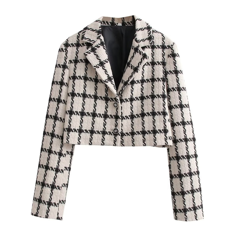 Women Suits Classic Style Black and White Lattice Pattern Coat Winter Retro Loose Suit
