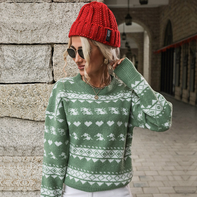 Women Knitted Sweater Autumn and Winter round Neck Red Knitted Christmas Snowflake Sweater