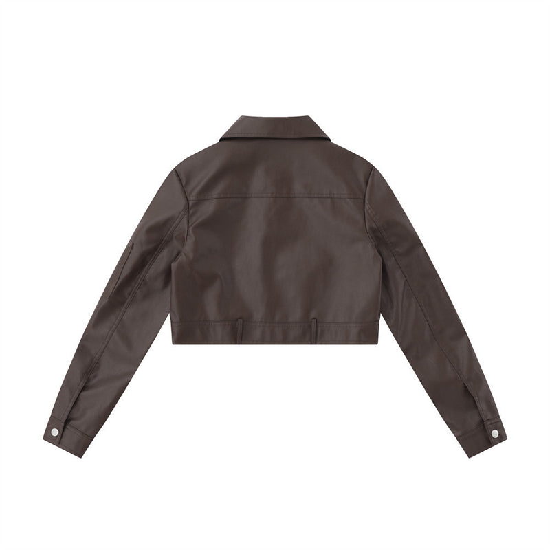 Women Jacket Zipper Cropped Leather Coat PU Leather Jacket