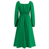 Women Date Dress Slim-Fit Long Sleeve V-neck Lace-up A- line Dress Lantern Sleeve Dress