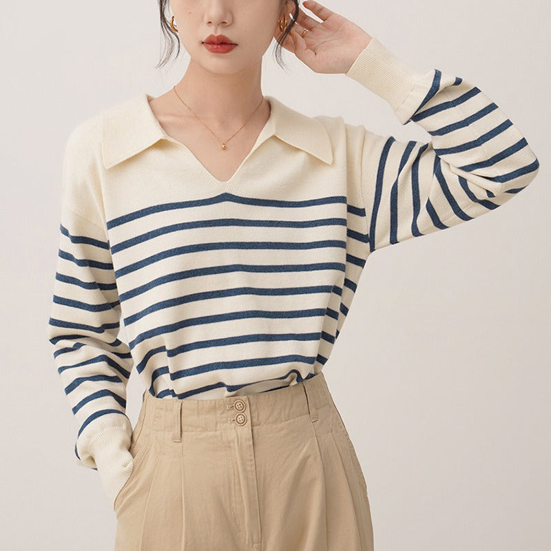Women Knitwear Autumn and Winter Polo Collar Striped Sweater Sweater