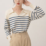 Women Knitwear Autumn and Winter Polo Collar Striped Sweater Sweater