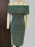 Women Evening Gown Sexy Retro Backless Green Sequins Dress