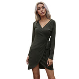 Women Knitted Sweater Autumn Leisure Women's Solid Color Long Sleeve V-neck Sweater Dress