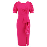 Women Date Dress round Neck Pleated Lace Dress