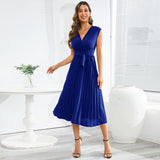 Women Date Dress Summer V-neck Pleated Sleeveless Waist Dress
