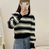 Women Knitted Pullover Loose Striped Coat Knitwear Autumn Sweater O-neck Short Top