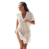 Women Knit Beach Cover Knitted Hollow out V-neck Pullover Short Sleeve Smock Dress