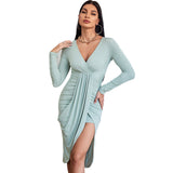 Women Dress Spring and Summer Leisure Slim Sheath V-neck Knitted Dress