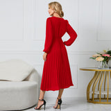 Women Date Dress Sexy V-neck Bubble Lantern Sleeve Pleated Skirt