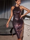 Women Evening Gown Sexy Retro Backless Sequins Dress