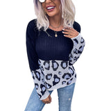 Women Knitted Sweater Autumn Stitching Long Sleeve Leopard-Print Sweater Loose
