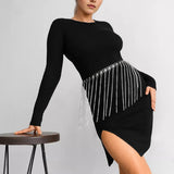 Women Dress Black Knitted Dress Slim-Fit Long Sleeve round Neck Tight Skirt