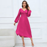 Women Date Dress Slim-Fit Long Sleeve V-neck Lace-up A- line Dress Lantern Sleeve Dress
