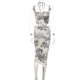 Women Dresses Summer Retro Style Slim-Fit Printed Skirt Two-Piece Suit (Bla0420)