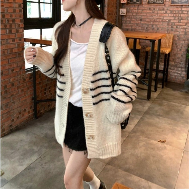 Women Knitwear Autumn and Winter Striped V-neck Sweater Loose Casual Knitted Cardigan