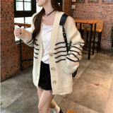 Women Knitwear Autumn and Winter Striped V-neck Sweater Loose Casual Knitted Cardigan