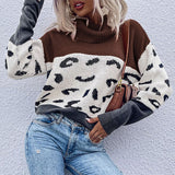 Women Knitted Sweater Autumn and Winter Leisure Leopard Print Contrast Color Long Sleeve Pullover