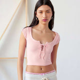 Women T-shirt Summer Square Collar Bare Midriff Slim Fit T-shirt Top