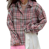 Women Trench Coat Vintage Pink Plaid Long Sleeve Shirt Loose Casual Shirt Coat