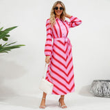 Women Date Dress Autumn and Winter Striped Printed Buttons Cinched Blouse Dress